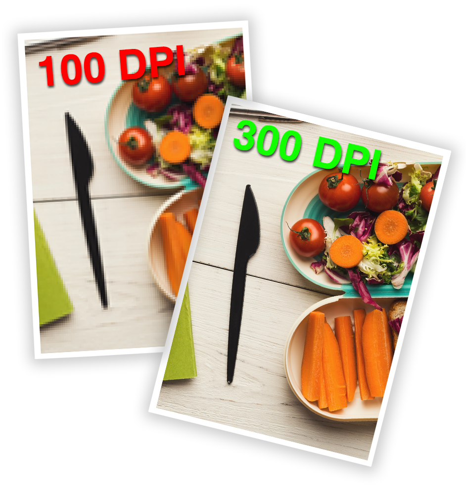 Comparison of a 300 DPI print image and a low-resolution pixelated image