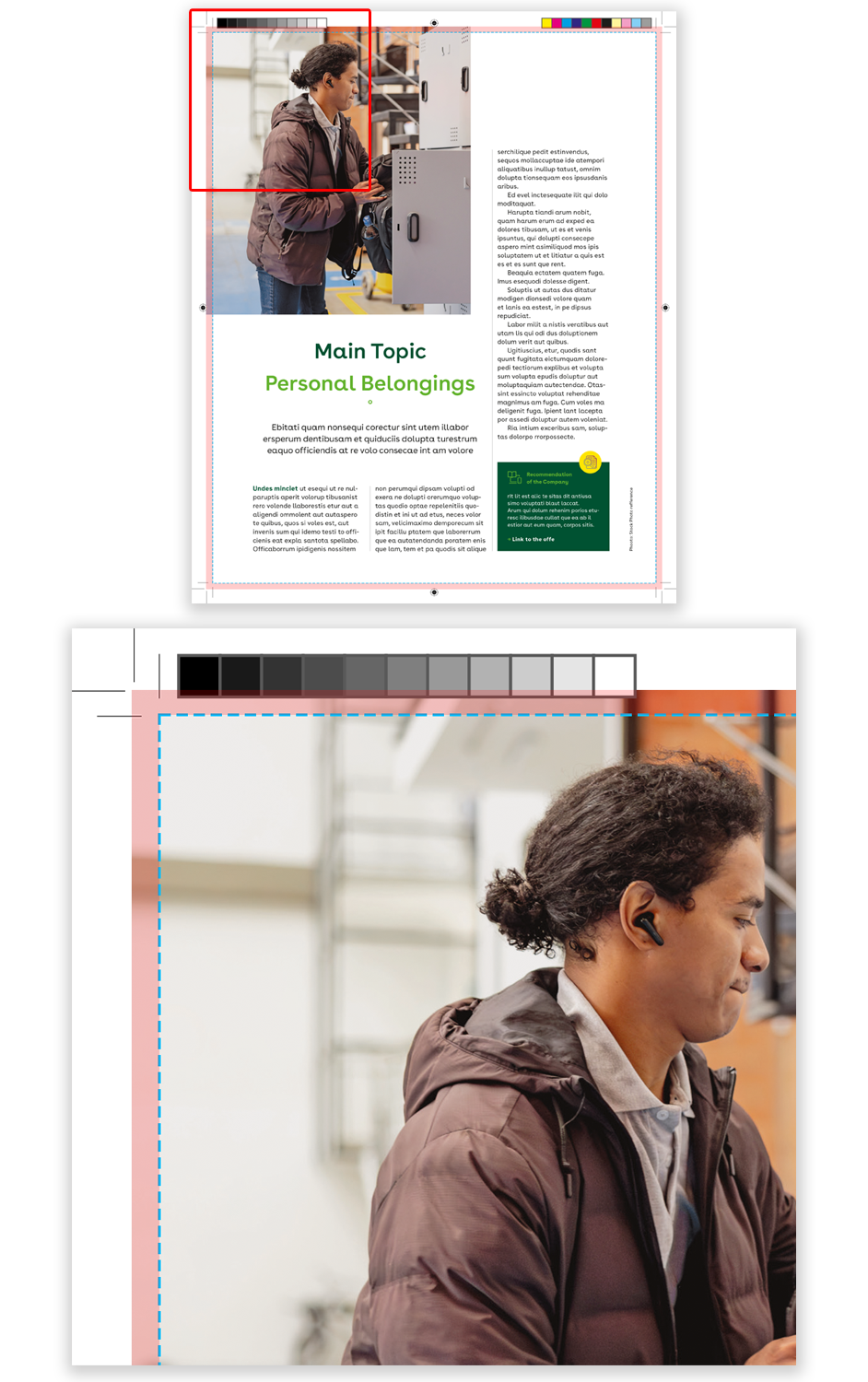 Print page with 3 mm bleed, trim size, crop marks, color bars and registration marks
