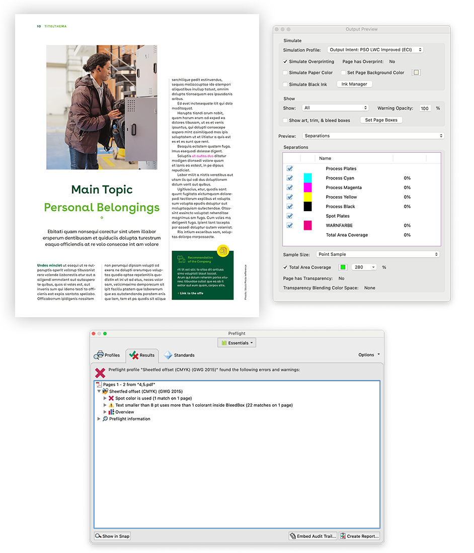 Preflight check of a print file showing missing fonts, RGB images and missing bleed
